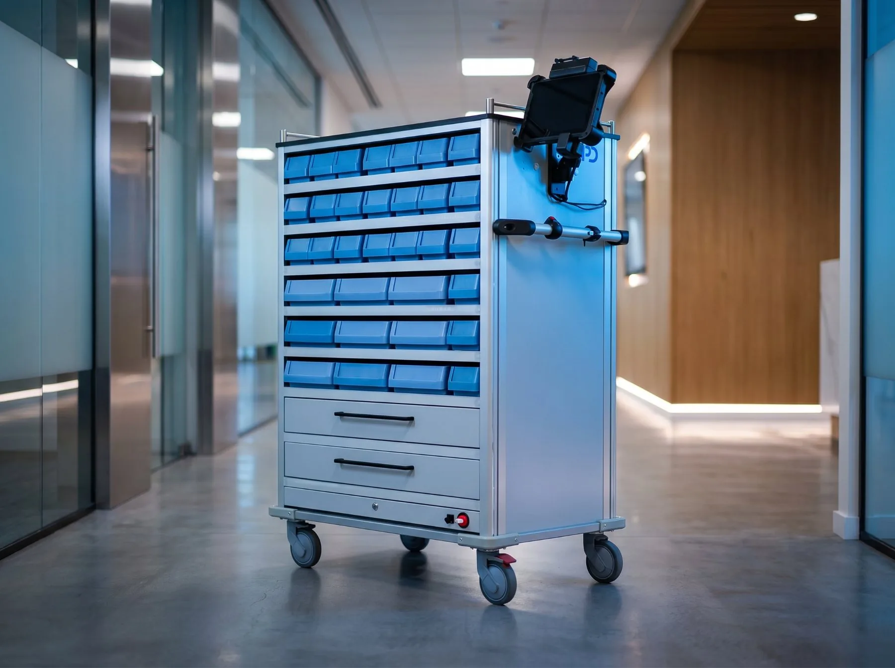 Carro Athos™ CareGo en un pasillo hospitalario, con sus cubetas azules y la tablet en el soporte lateral