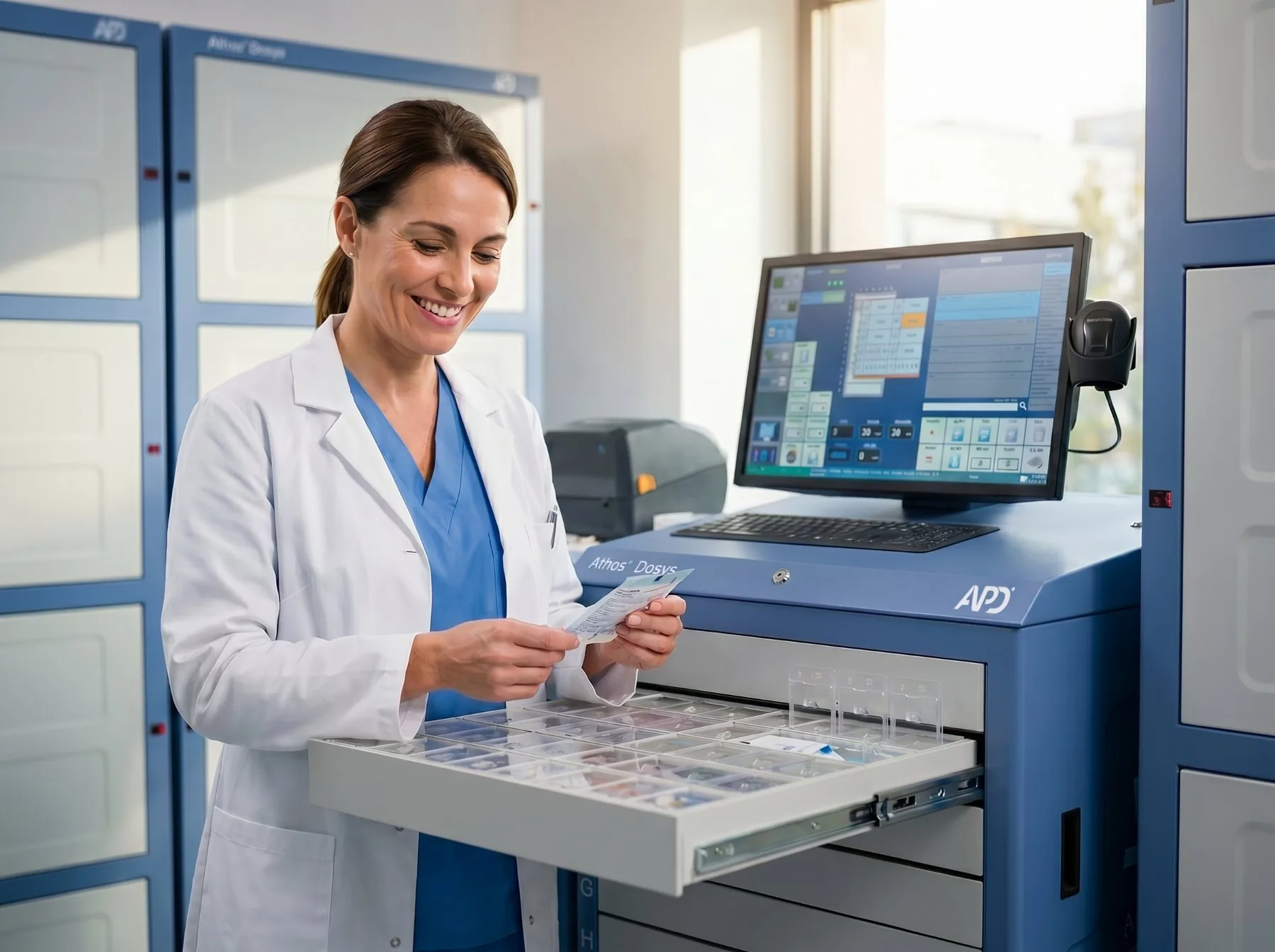 Una farmacéutica revisa un albarán junto al cajón abierto del Dosys Base, con compartimentos individuales, el monitor del sistema y armarios de estupefacientes al fondo