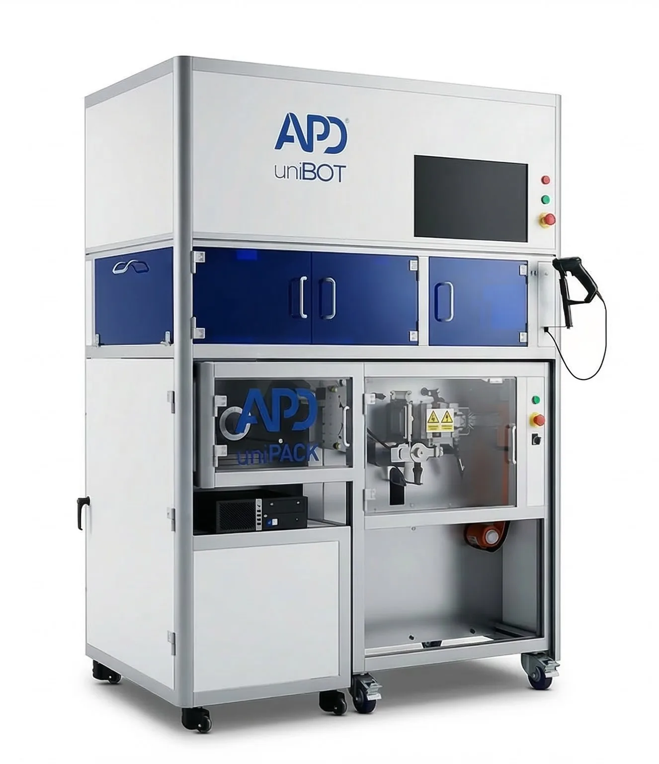 Athos™ uniBOT de tres cuartos: módulo superior con pantalla y puertas azules, donde se cortan los blísteres, y debajo el uniPACK integrado, que imprime y envasa cada dosis